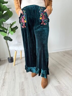Umgee Teal Velvet Wide-Leg Pants with Floral Embroidery